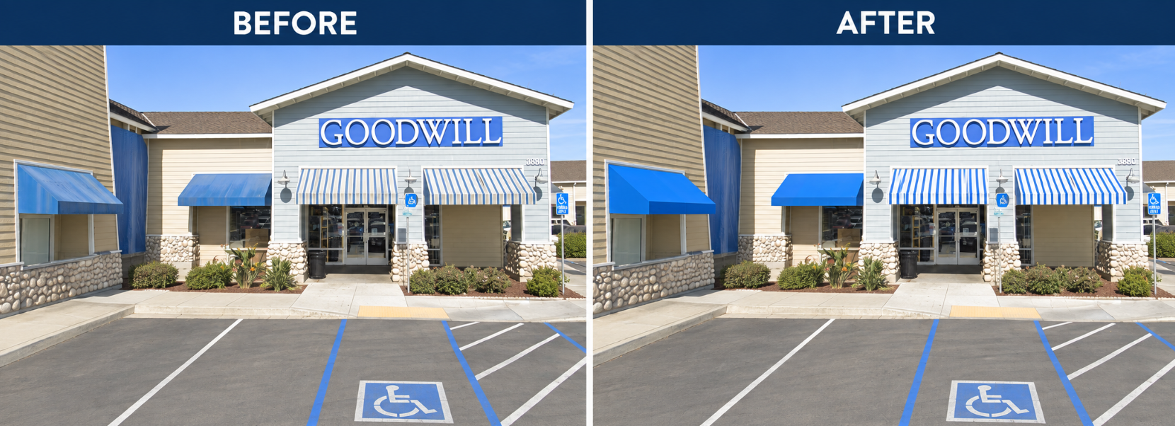 Side-by-side before and after of blue and white striped storefront awnings, faded and dull on the left, bright and clean on the right